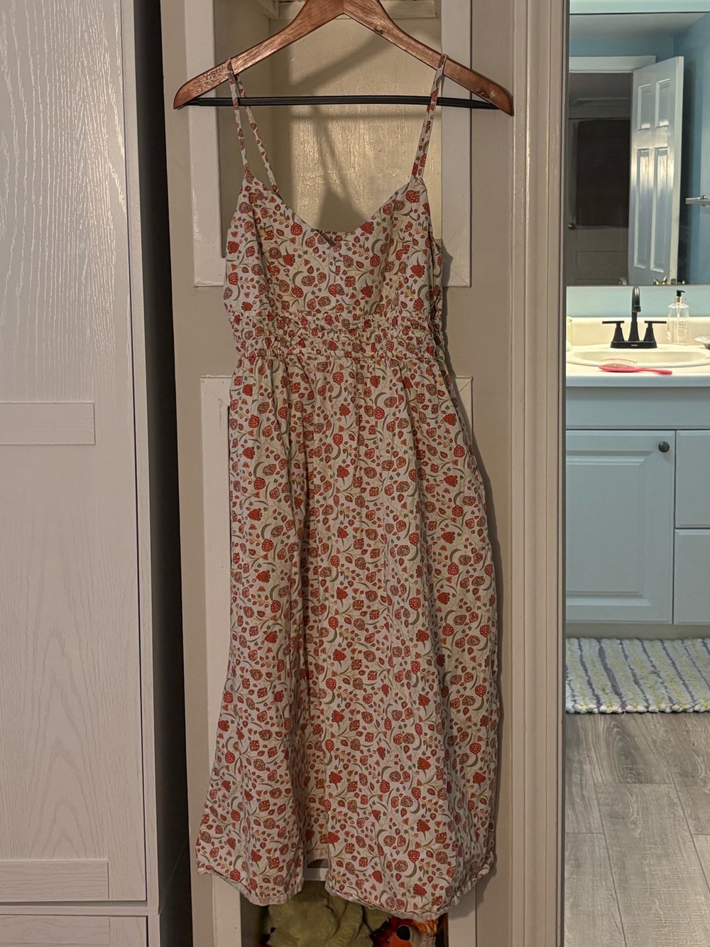 Old Navy Cream Midi Dress with Red Floral Print